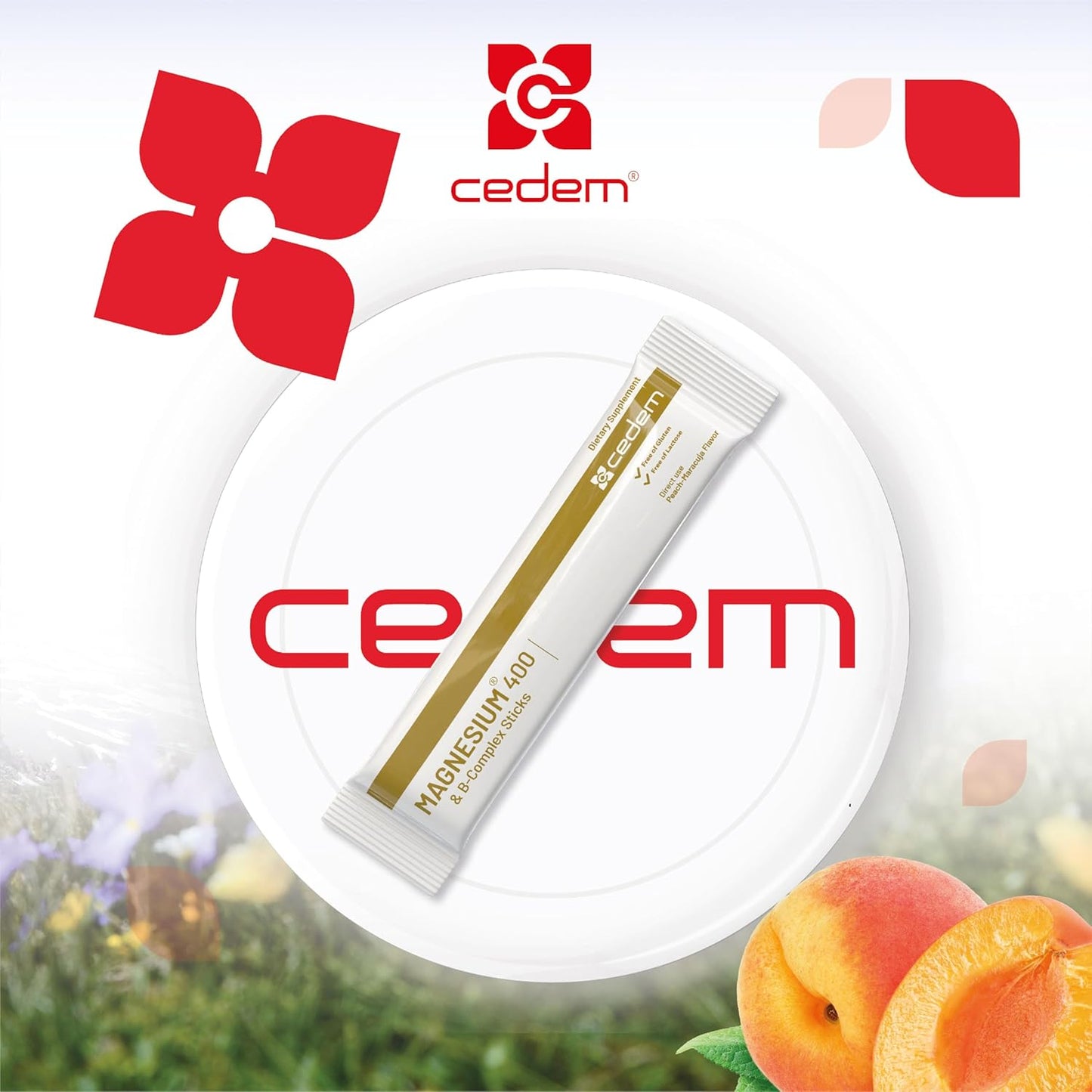 CEDEM Switzerland Peach Magnesium 400mg Powder Sticks with B Vitamins - Supports Bone Health and Energy - 20 Sachets