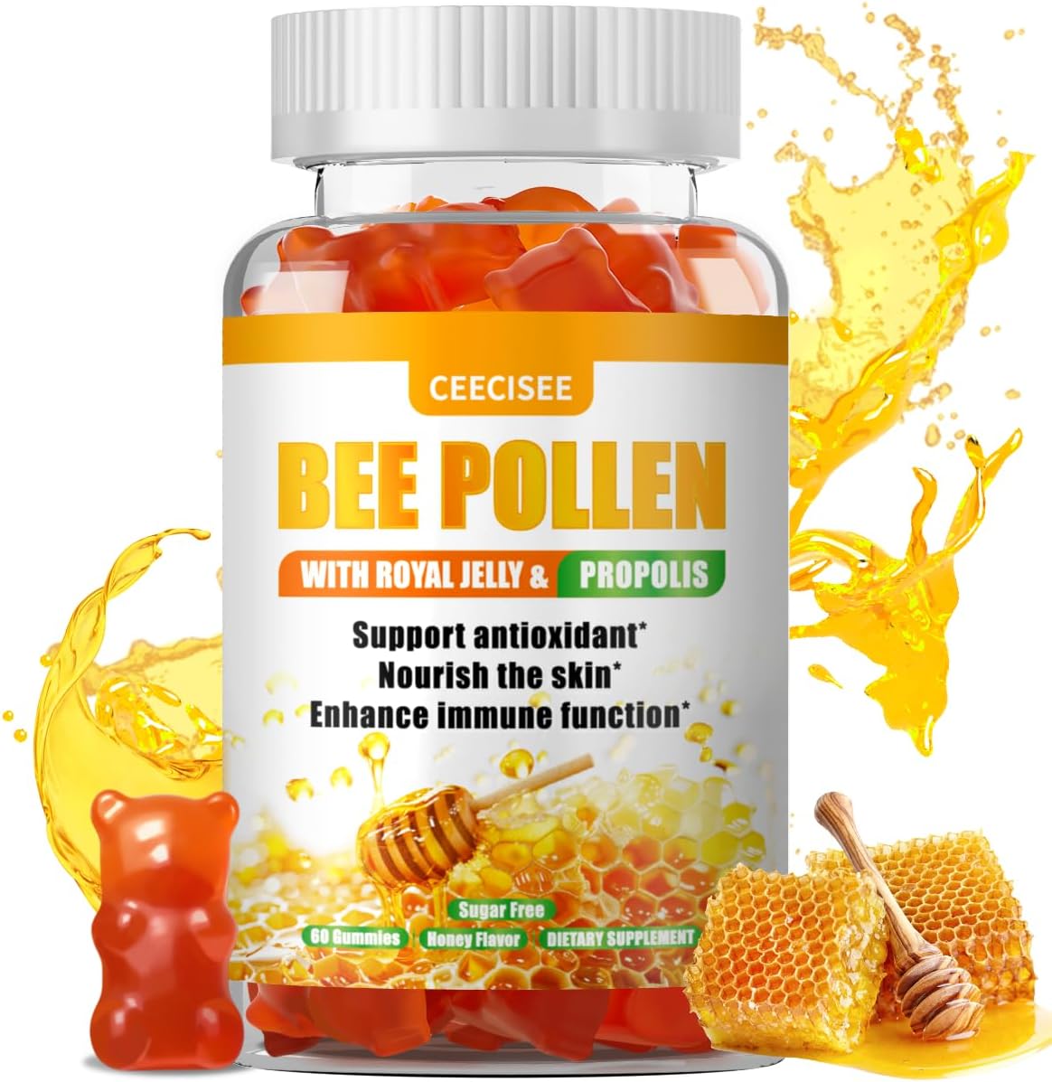 Ceecisee Bee Pollen Gummies - 1000mg Bee Pollen, 300mg Royal Jelly, 300mg Propolis, Calcium, Vitamin B6, Vitamin C - Skin, Immune System, Energy Boost - Honey Flavor - 60 Count