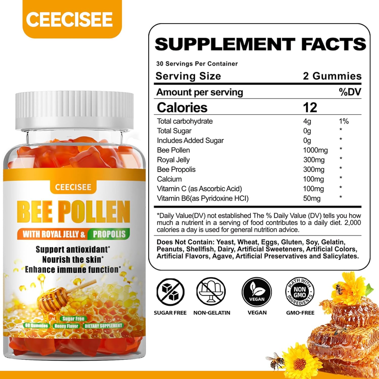 Ceecisee Bee Pollen Gummies - 1000mg Bee Pollen, 300mg Royal Jelly, 300mg Propolis, Calcium, Vitamin B6, Vitamin C - Skin, Immune System, Energy Boost - Honey Flavor - 60 Count
