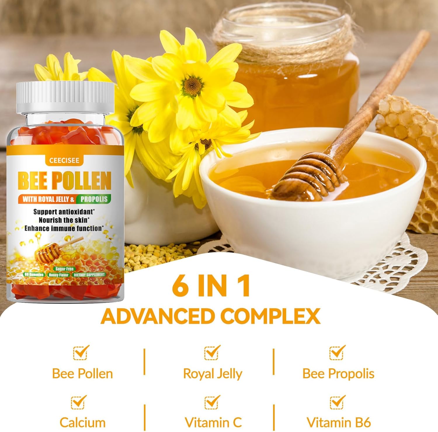 Ceecisee Bee Pollen Gummies - 1000mg Bee Pollen, 300mg Royal Jelly, 300mg Propolis, Calcium, Vitamin B6, Vitamin C - Skin, Immune System, Energy Boost - Honey Flavor - 60 Count
