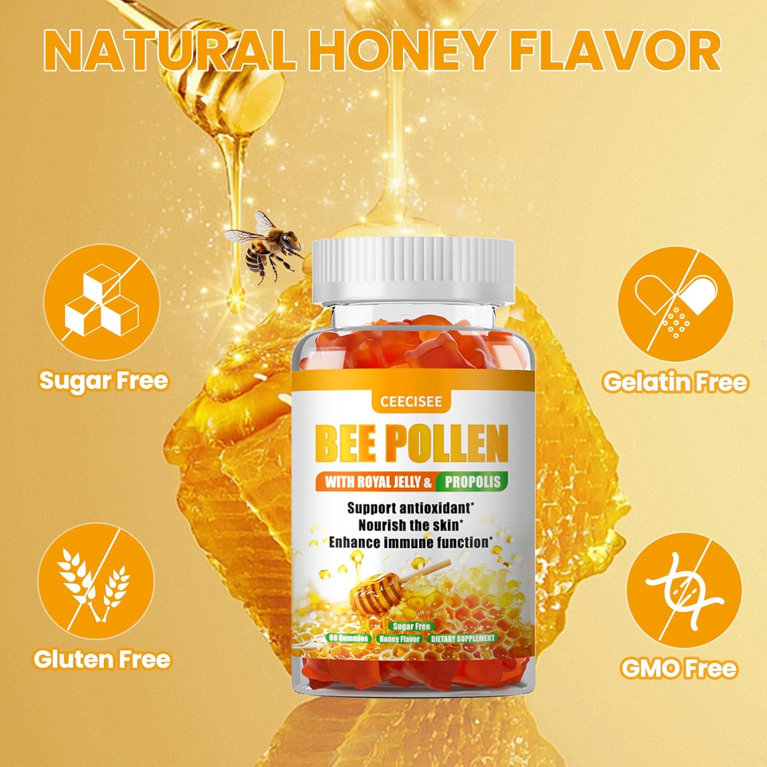 Ceecisee Bee Pollen Gummies - 1000mg Bee Pollen, 300mg Royal Jelly, 300mg Propolis, Calcium, Vitamin B6, Vitamin C - Skin, Immune System, Energy Boost - Honey Flavor - 60 Count
