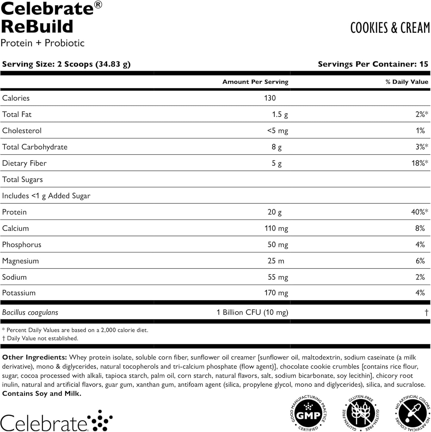 Celebrate Bariatric Supplements Rebuild Protein Powder - 20g Whey Isolate, High Fiber, Probiotics & Prebiotics - Cookies & Cream (15 Servings)