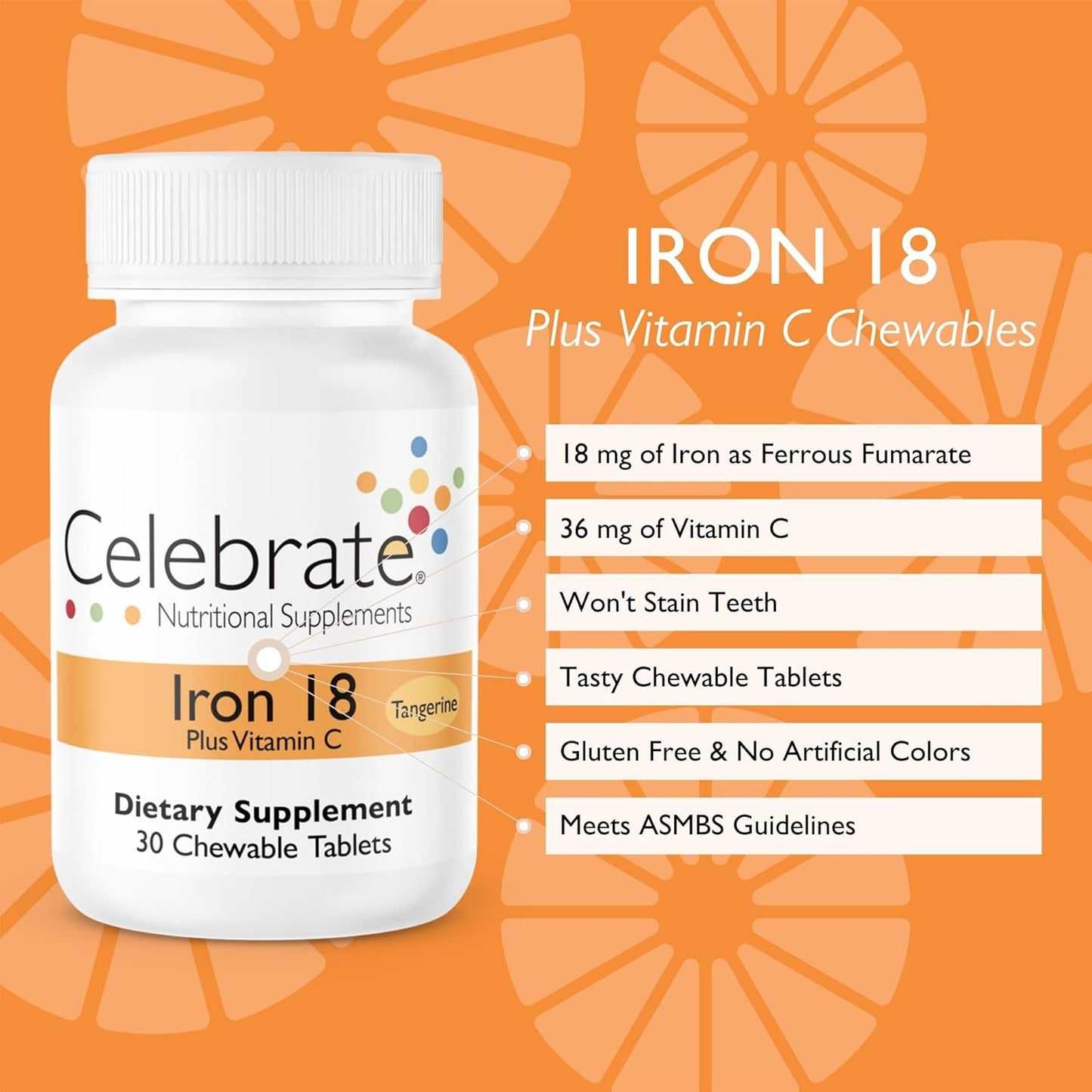 Celebrate Iron+C 18mg Chewable Tangerine Supplements - 30 Count Bottle