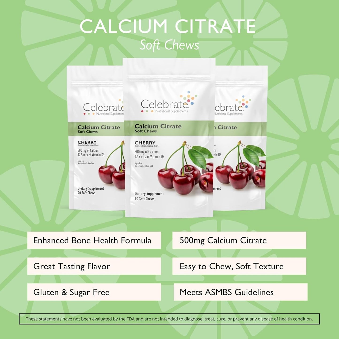 Celebrate Vitamins Bariatric 500mg Calcium Citrate Soft Chews with Vitamin D3 for Gastric Bypass Patients - Cherry Flavor, Sugar & Gluten Free (270 Chews) - BoostGo Australia
