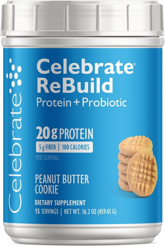 Celebrate Vitamins Rebuild Protein Powder for Bariatric Patients - 20g Whey Isolate, High Fiber, Probiotics & Prebiotics - PB Cookie Flavor (15 Servings)