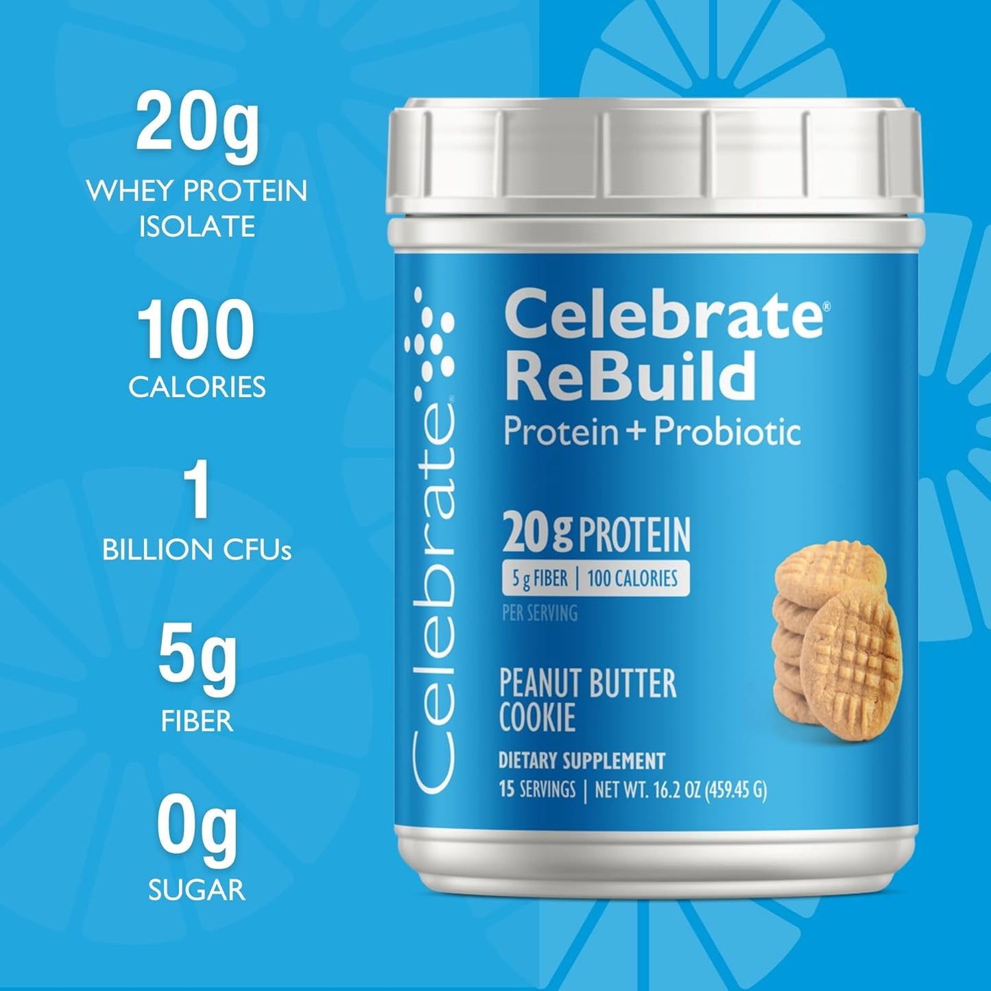 Celebrate Vitamins Rebuild Protein Powder for Bariatric Patients - 20g Whey Isolate, High Fiber, Probiotics & Prebiotics - PB Cookie Flavor (15 Servings)