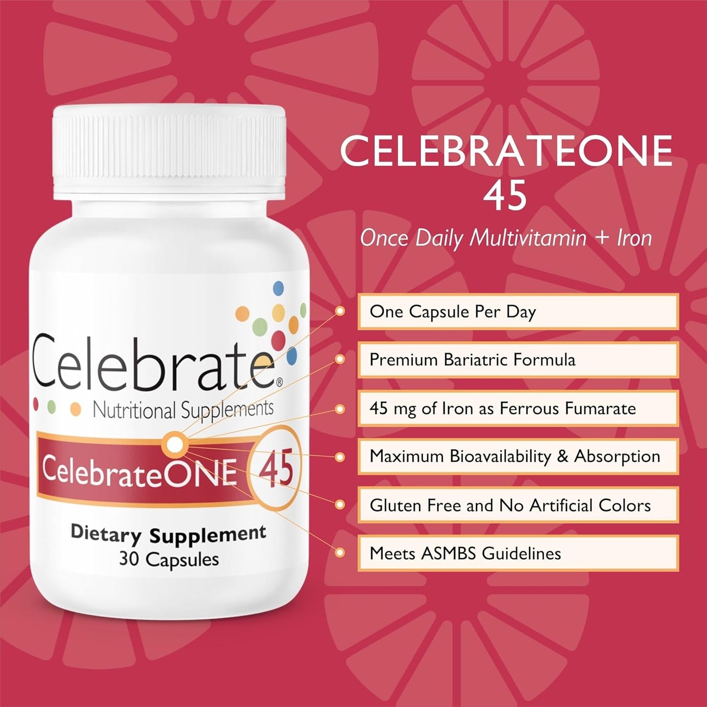 CelebrateONE Bariatric Multivitamin with Iron - Essential Supplement for Gastric Bypass & Sleeve Gastrectomy - One A Day (30 Capsules)