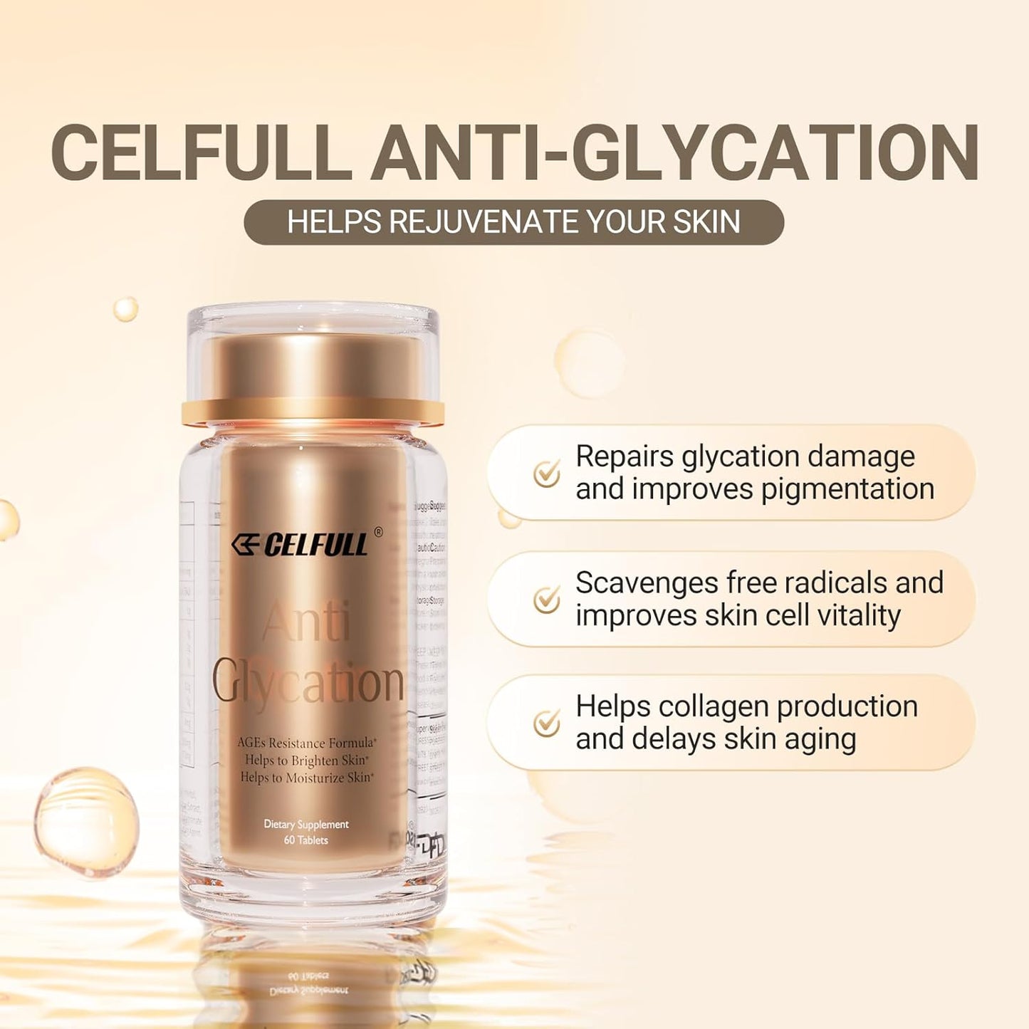CELFULL Anti-Glycation & NAD+ Anti-Aging Supplement for Collagen Health - 60 Capsules