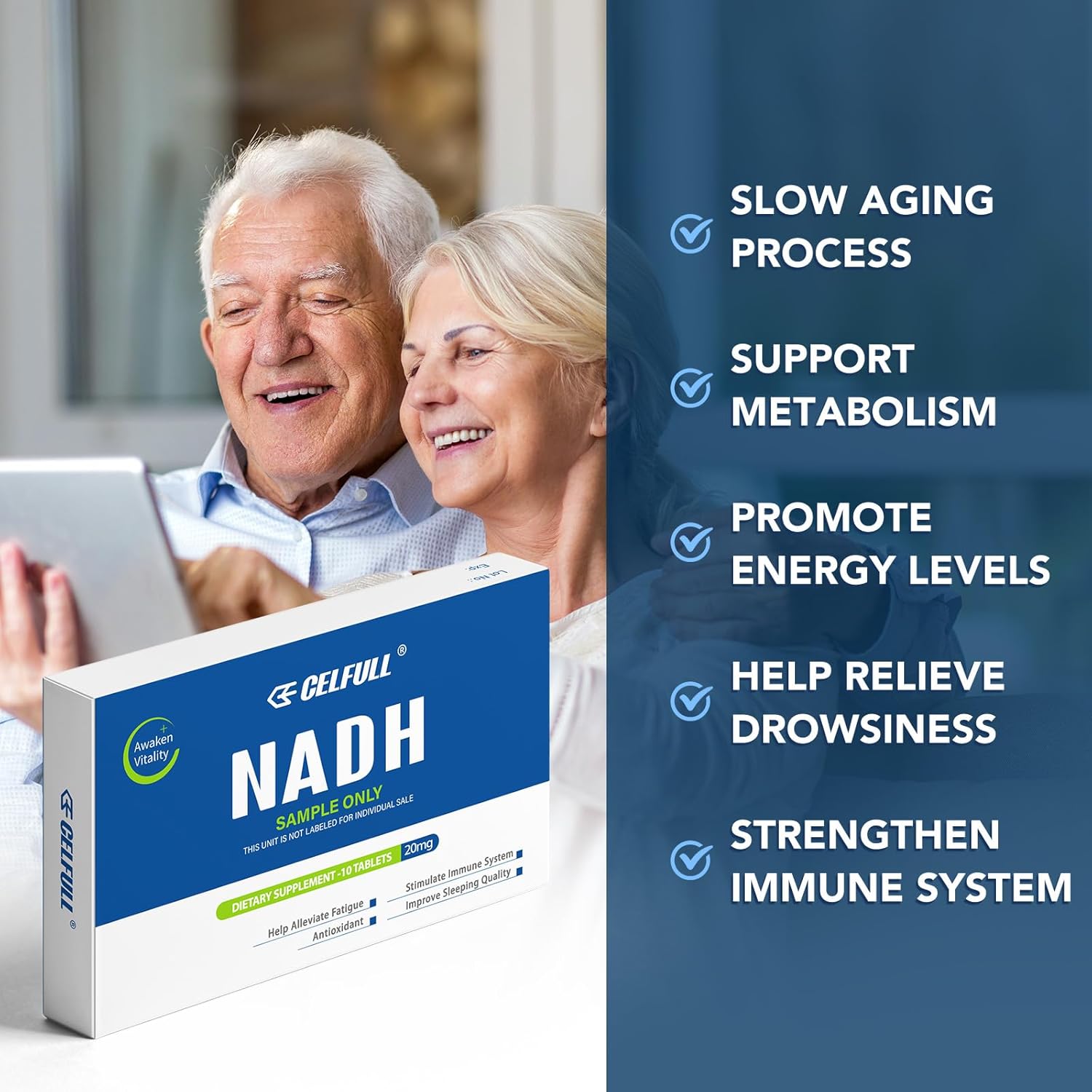 CELFULL NADH Immune Support Supplements - Boost Energy & NAD+ Levels, Anti-Aging Formula for Men and Women - 200mg (10 Tablets x 20mg)