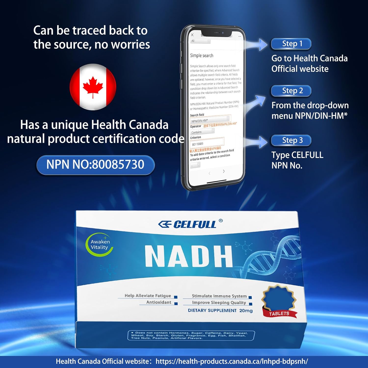 CELFULL NADH Immune Support Supplements - Boost Energy & NAD+ Levels, Anti-Aging Formula for Men and Women - 200mg (10 Tablets x 20mg)