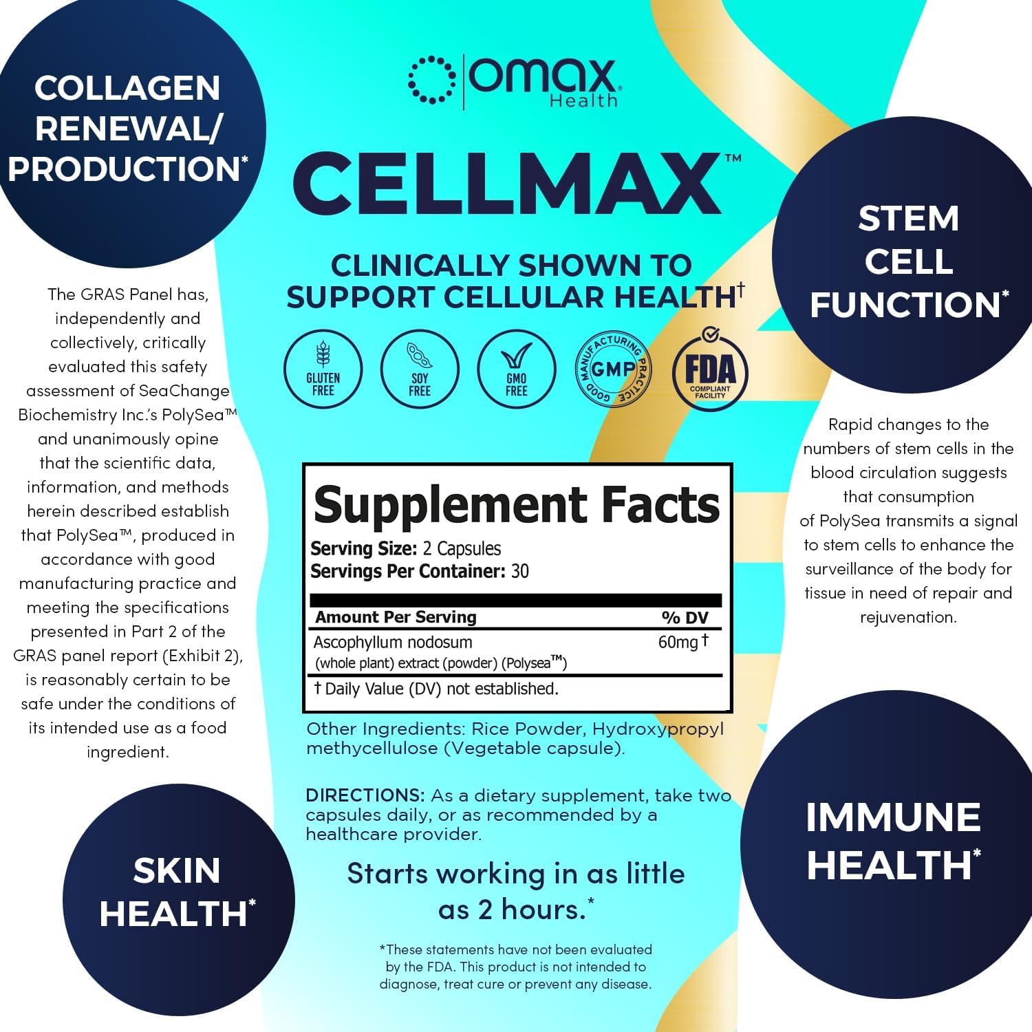 Cellmax Omax3 - Promotes Cellular Health & Collagen Production with PolySea Seaweed Extract, Clinically Proven Antioxidant Support, Immune Function Boost