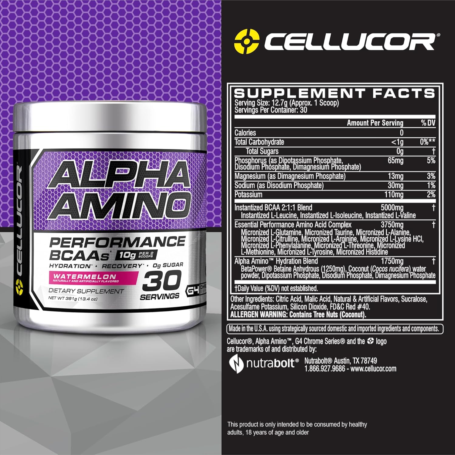 Cellucor Alpha Amino EAA & BCAA Powder - Watermelon Flavor - 30 Servings with Electrolytes