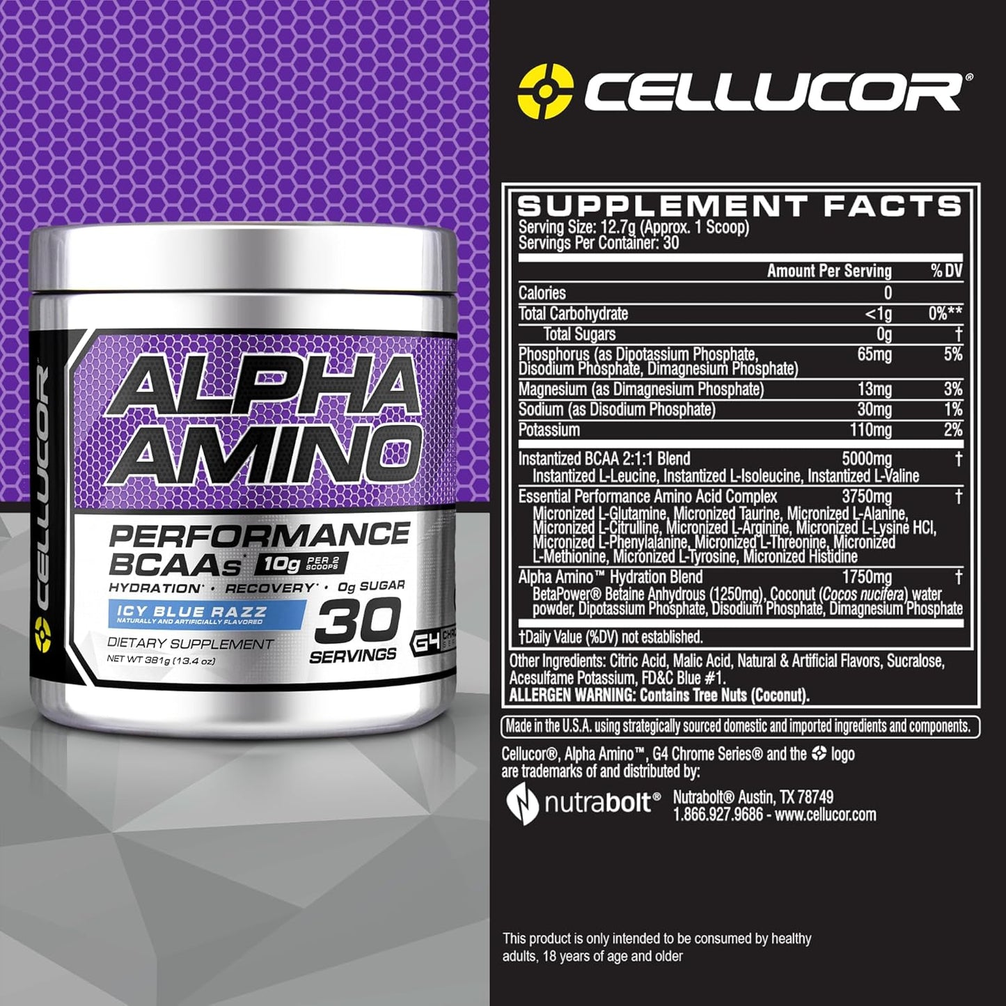 Cellucor Alpha Amino EAA & BCAA Powder with Electrolytes - ICY Blue Razz Flavor - 30 Servings