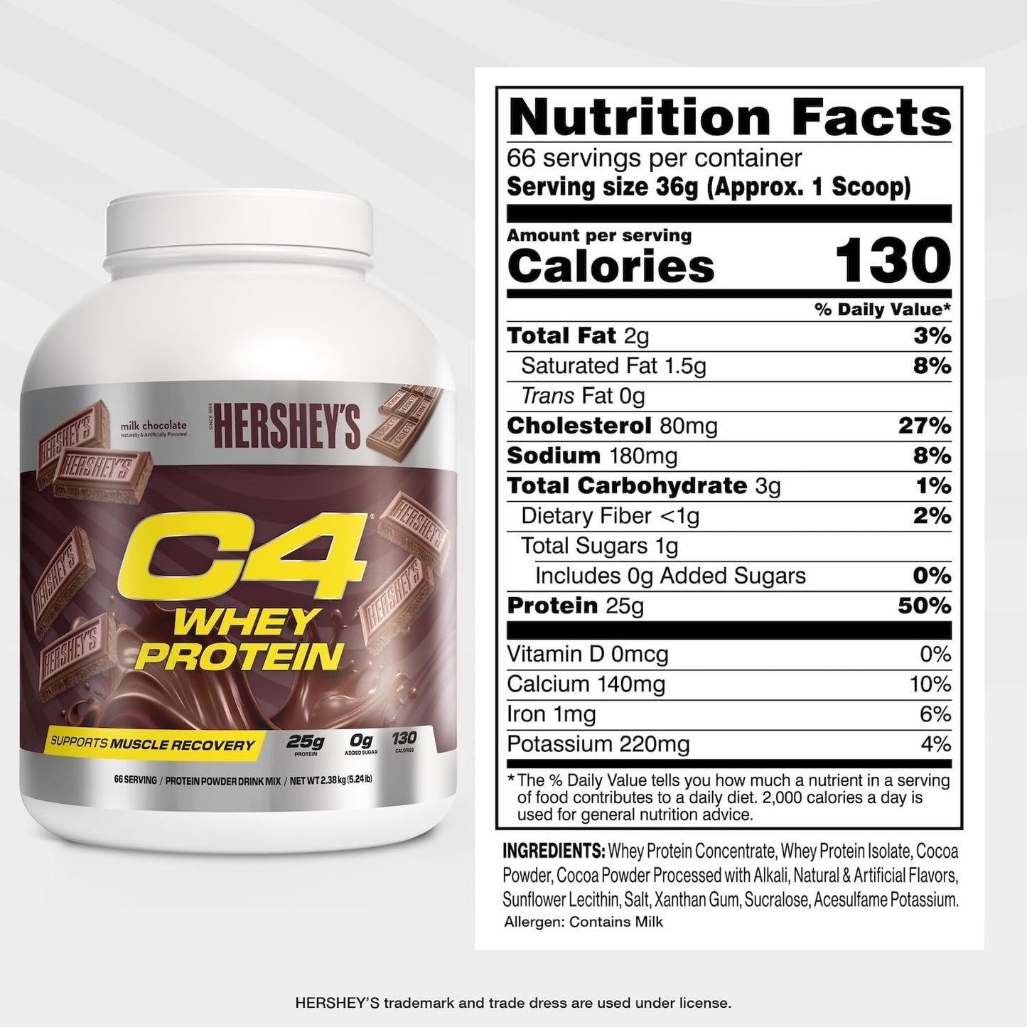 Cellucor C4 Hershey's Chocolate Whey Protein Powder - 25g Protein, 0g Added Sugar, 130 Calories, 66 Servings, Muscle Recovery Support