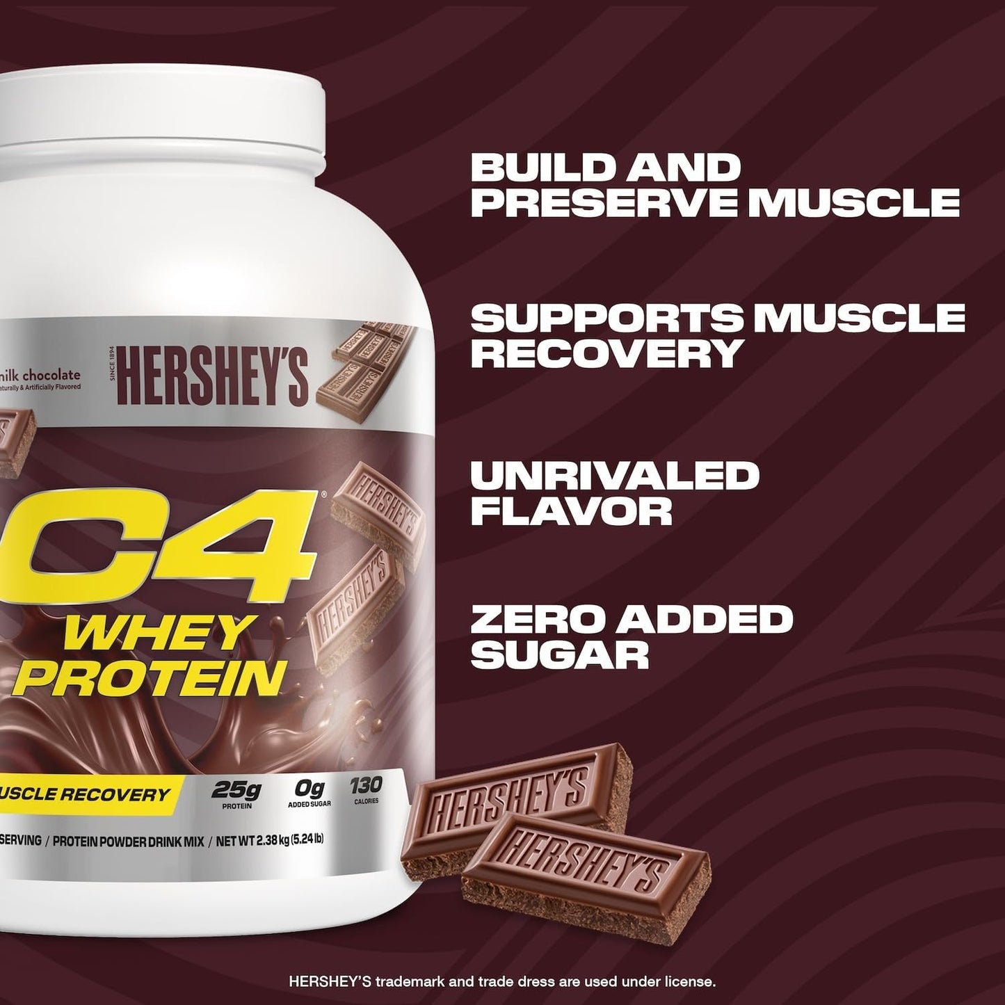 Cellucor C4 Hershey's Chocolate Whey Protein Powder - 25g Protein, 0g Added Sugar, 130 Calories, 66 Servings, Muscle Recovery Support