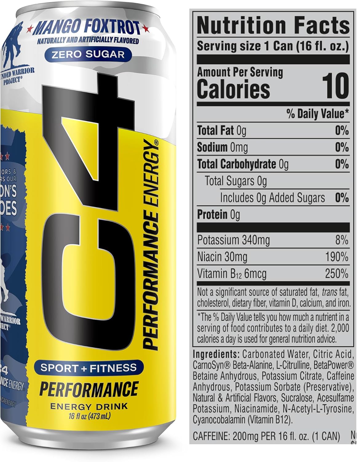 Cellucor C4 Mango Foxtrot Energy Drink | Zero Sugar Preworkout | 200mg Caffeine with Beta Alanine | 16 Fl Oz (12 Pack)