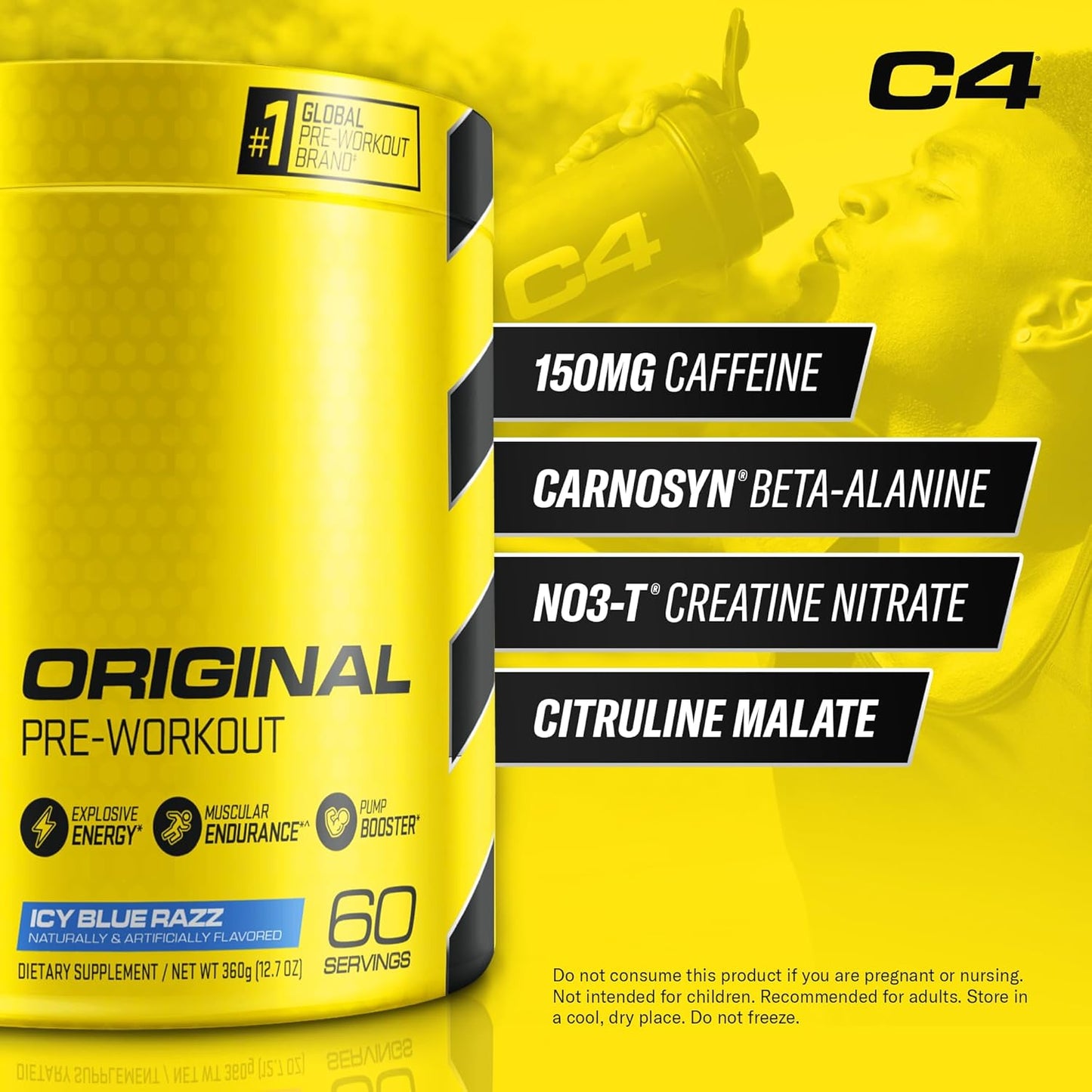 Cellucor C4 Original Pre Workout Powder ICY Blue Razz - Immune Support with Vitamin C - Sugar Free Energy Boost for Men & Women - 60 Servings