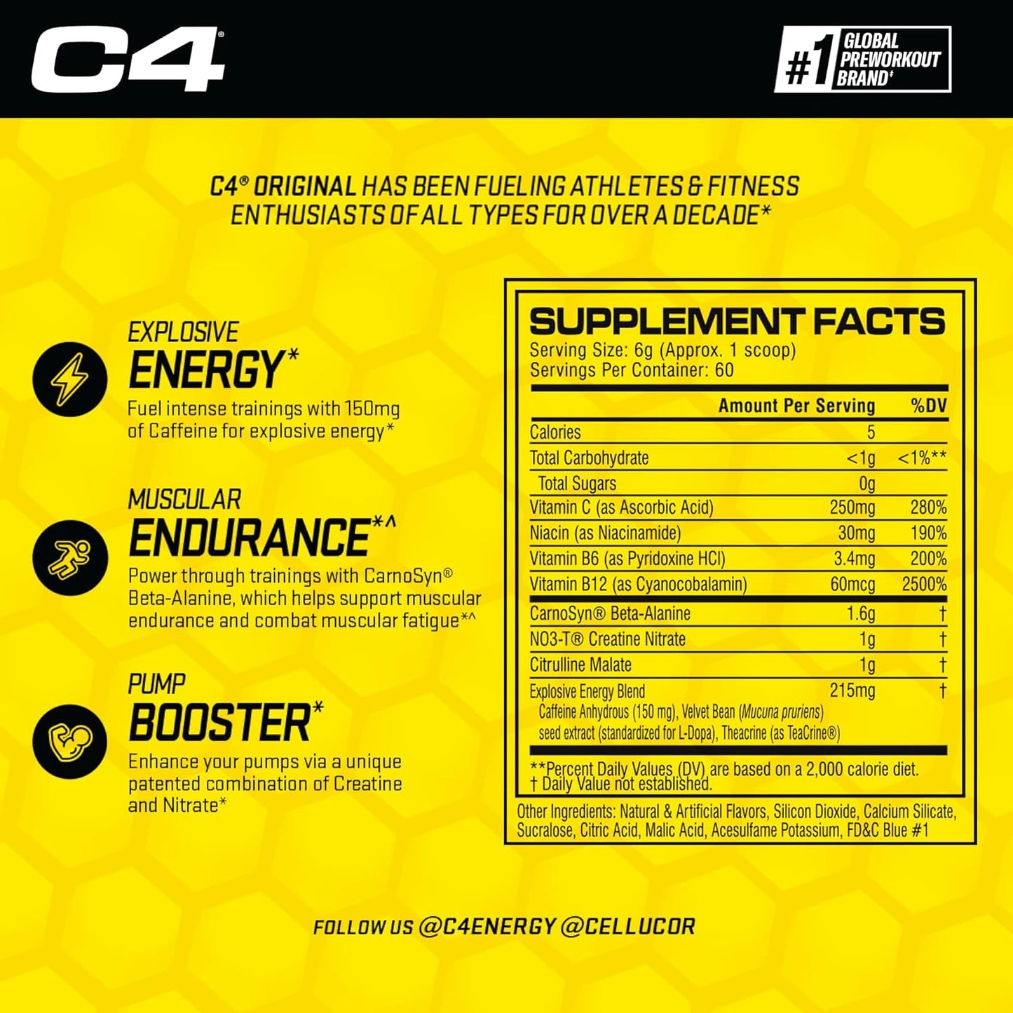 Cellucor C4 Original Pre Workout Powder ICY Blue Razz - Immune Support with Vitamin C - Sugar Free Energy Boost for Men & Women - 60 Servings