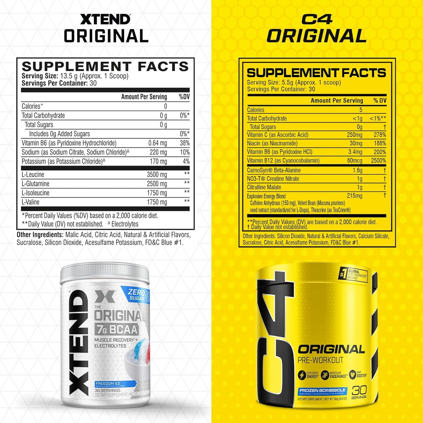 Cellucor C4 Original Pre Workout Powder & XTEND BCAA Powder Bundle, Frozen Bombsicle & Freedom Ice, 30 Servings each