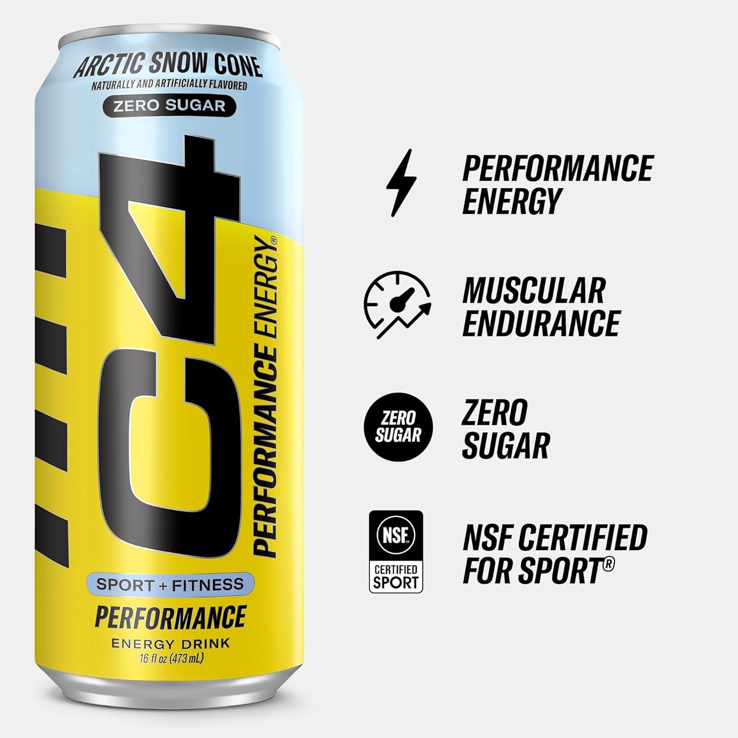Cellucor C4 Performance Energy Drink - Zero Sugar Carbonated Preworkout with 200mg Caffeine and Beta Alanine - Arctic Snow Cone Flavor - 16 Fl Oz (12 Pack)
