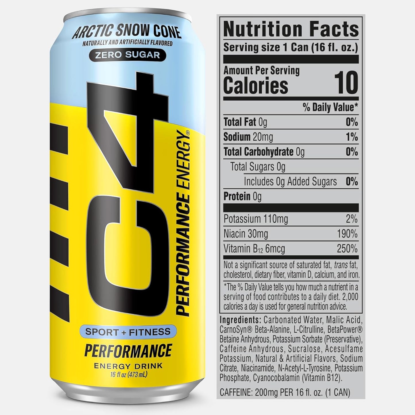 Cellucor C4 Performance Energy Drink - Zero Sugar Carbonated Preworkout with 200mg Caffeine and Beta Alanine - Arctic Snow Cone Flavor - 16 Fl Oz (12 Pack)