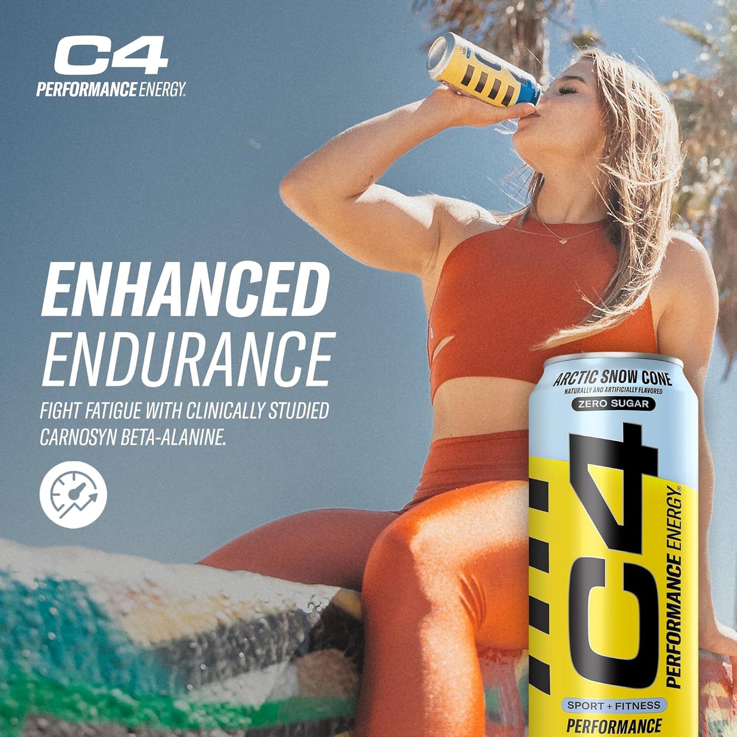Cellucor C4 Performance Energy Drink - Zero Sugar Carbonated Preworkout with 200mg Caffeine and Beta Alanine - Arctic Snow Cone Flavor - 16 Fl Oz (12 Pack)