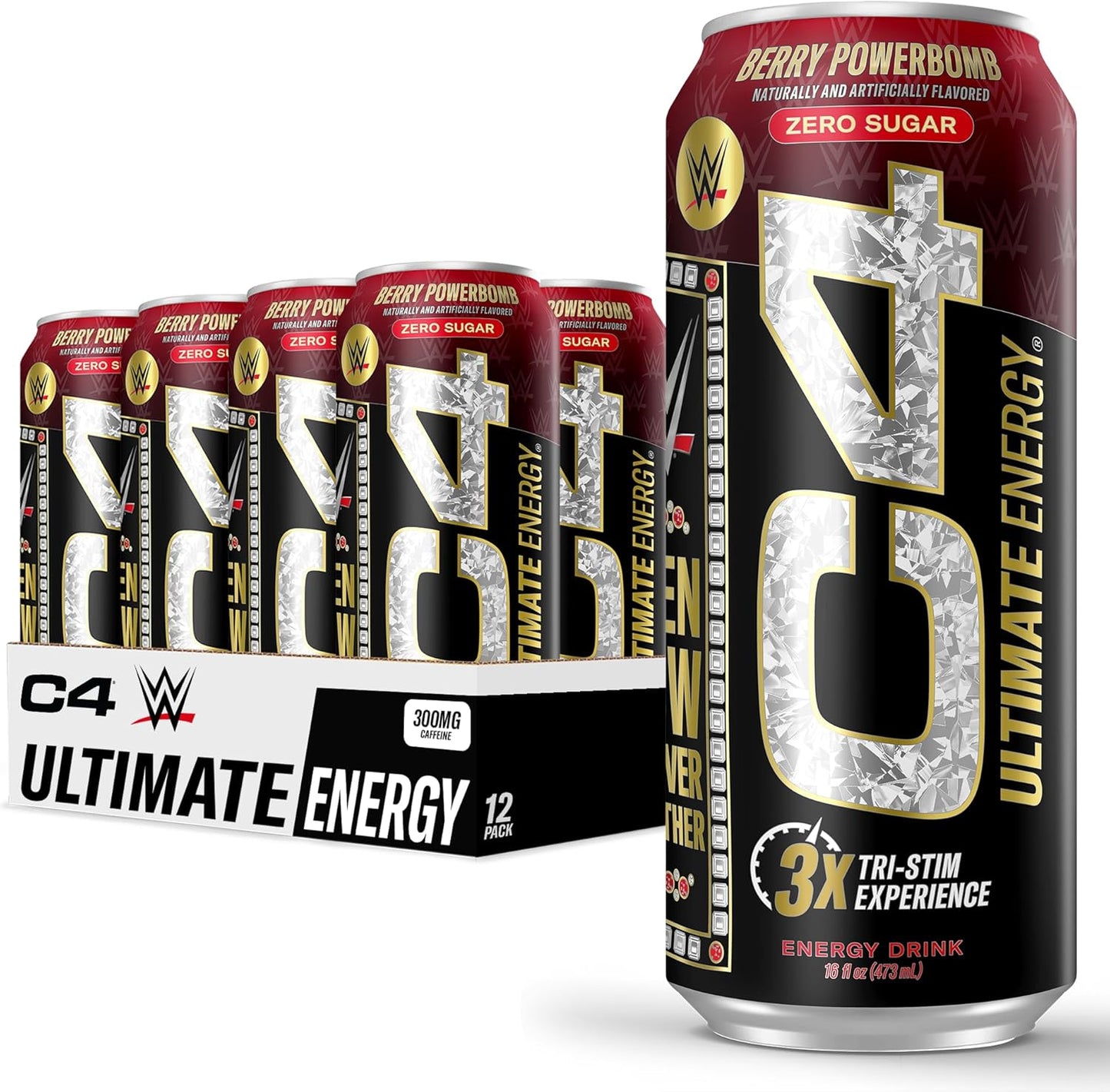 Cellucor C4 Ultimate x WWE Berry Powerbomb Pre Workout Energy Drink - 16oz (Pack of 12) Sugar Free with 300mg Caffeine, TeaCrine, and Dynamine