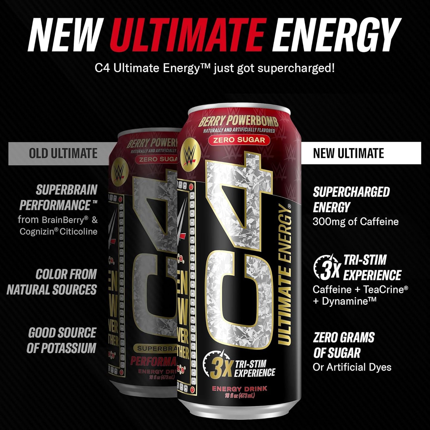 Cellucor C4 Ultimate x WWE Berry Powerbomb Pre Workout Energy Drink - 16oz (Pack of 12) Sugar Free with 300mg Caffeine, TeaCrine, and Dynamine