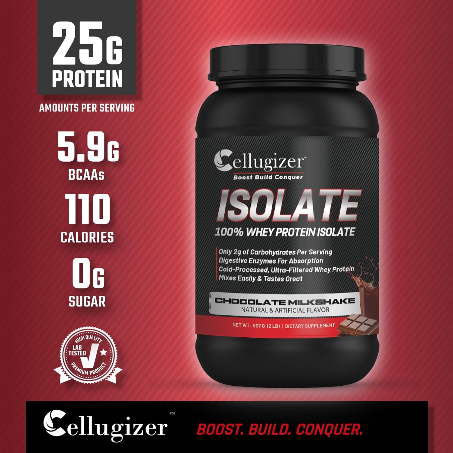 Cellugizer Chocolate Whey Isolate Protein Powder - 2lb, 25g Protein, Fast Digesting, 0g Sugar, Low Carb