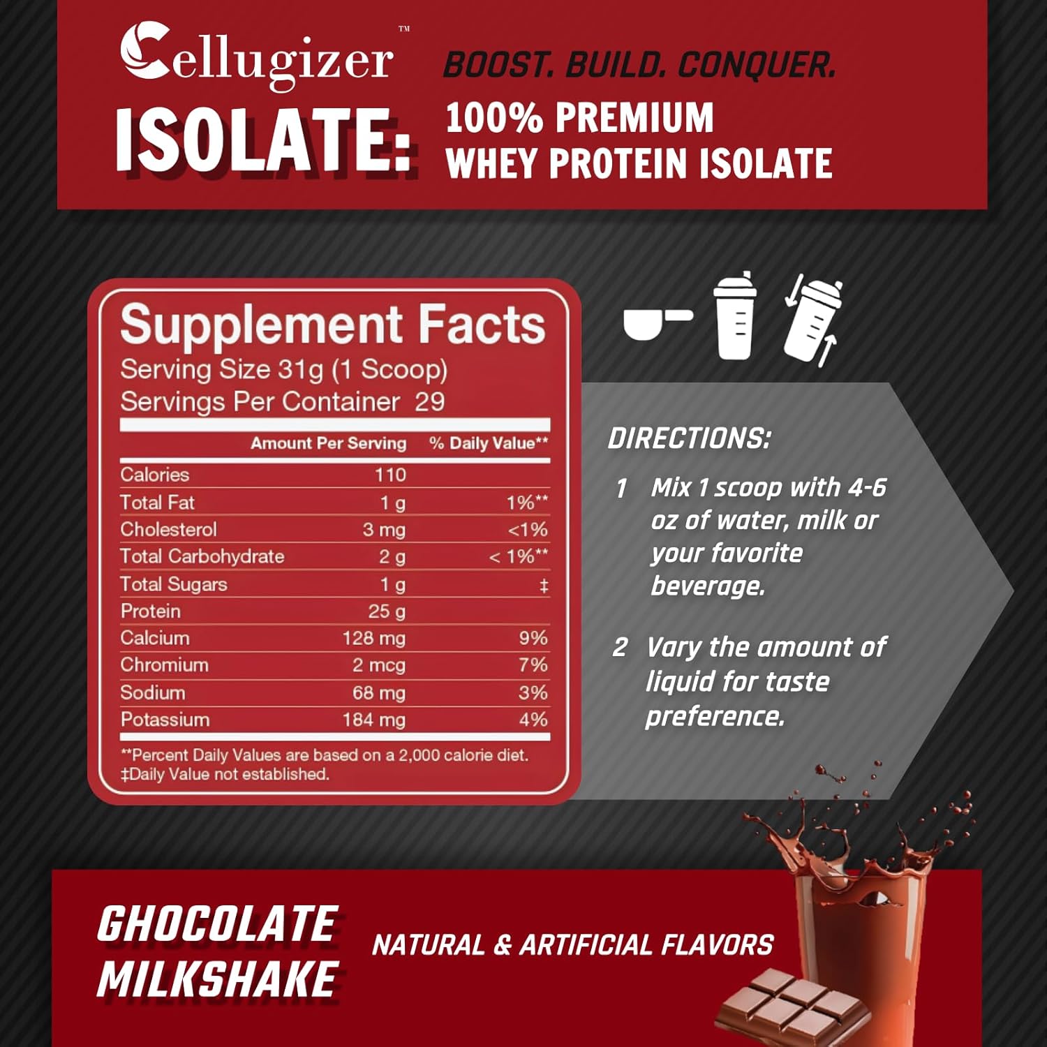 Cellugizer Chocolate Whey Isolate Protein Powder - 2lb, 25g Protein, Fast Digesting, 0g Sugar, Low Carb