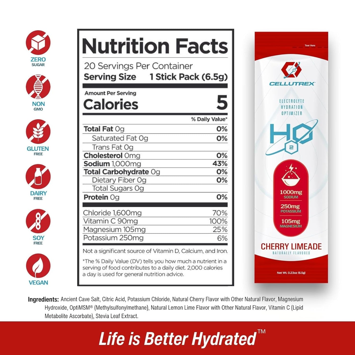 Cellutrex® H2O Electrolytes - Cherry Limeade Powder Drink Mix with Zero Sugar, Natural Salt, Non-GMO Electrolytes - 20 Convenient Stick Packs for Workouts, Fasting, and Travel