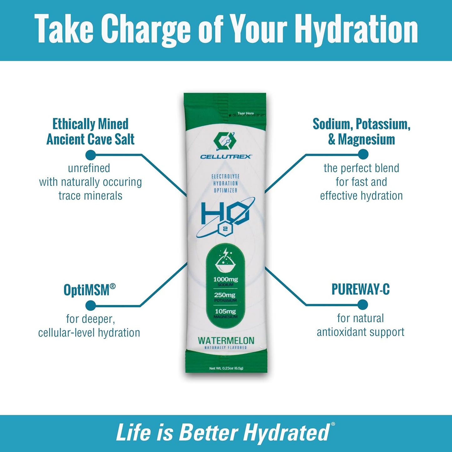 Cellutrex® H2O Electrolytes Watermelon Powder Drink Mix - Zero Sugar, Non-GMO, Natural Salt for Workouts, Fasting, Wellness, Travel - 20 Stick Packs