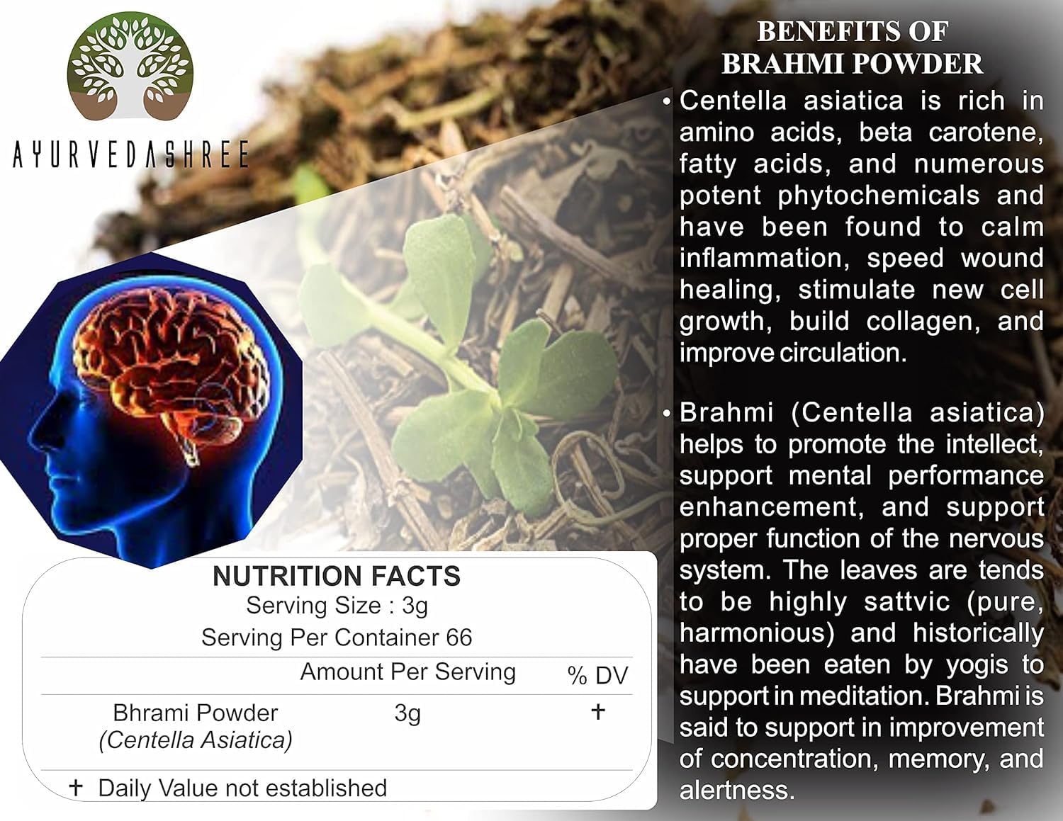 Centella Asiatica Powder 50g - Gotu Kola & Brahmi Blend - Mandupakarni - Non GMO, Gluten Free, Vegan - AYURVEDASHREE