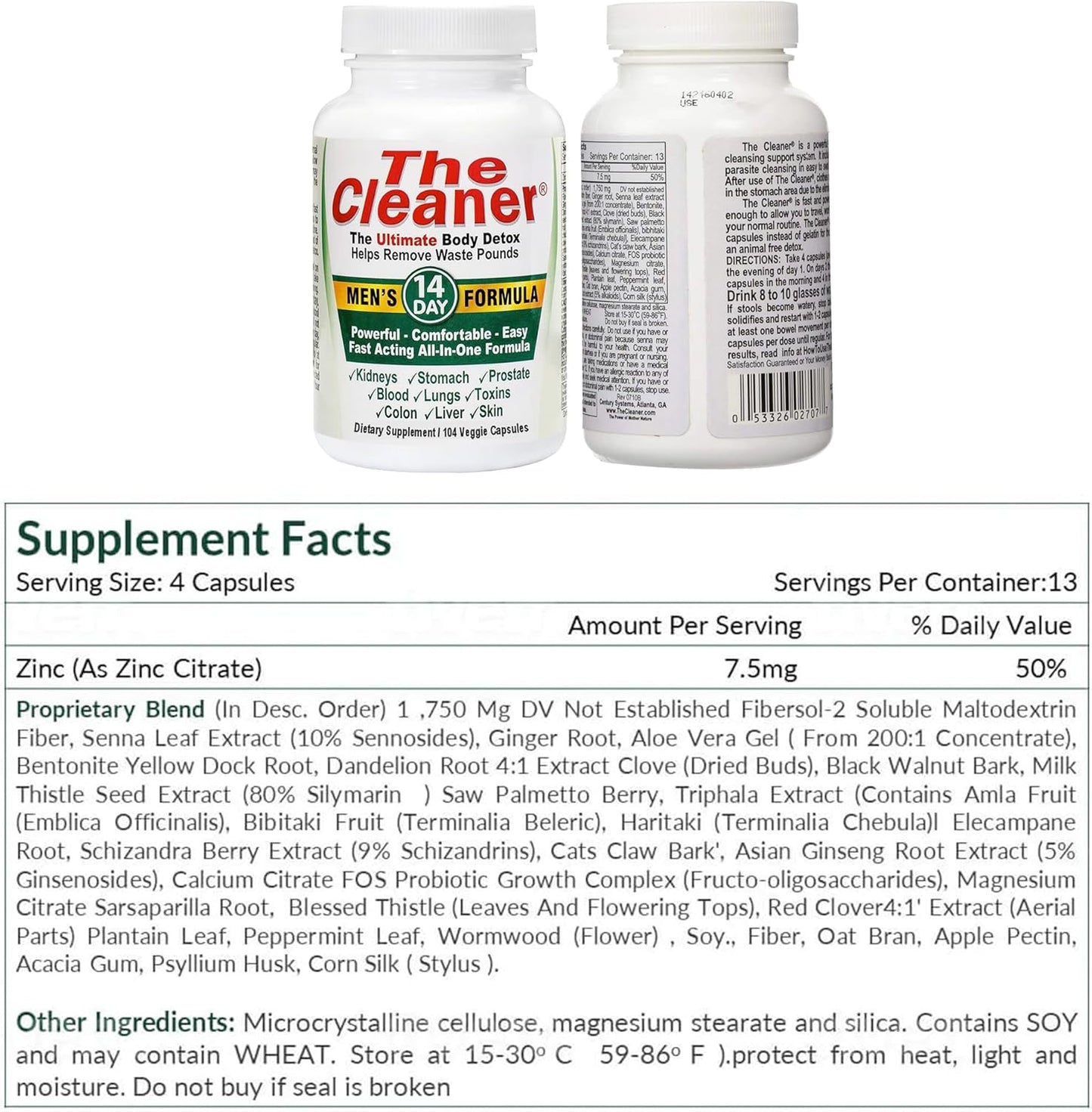 Century Systems The Cleaner Detox: 14-Day Internal Cleansing Formula for Men, Digestive Health Support, 104 Vegetarian Capsules