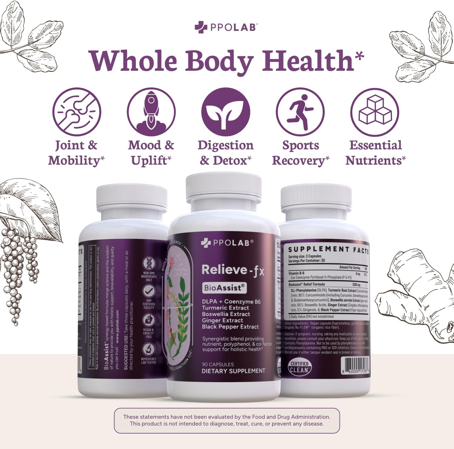 Certified Clean PPO Lab BioAssist® Relief Bundle: Relieve-Fx™, Brain-fx™, Joint Support, Detox, Nootropic for Memory, Focus, Energy