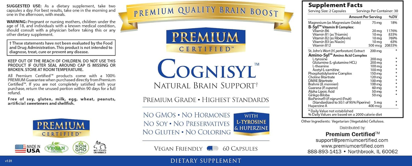 Certified Cognisyl Capsules - Enhance Memory, Energy, Focus - Vitamin B Complex, St. John's Wort, DMAE Bitartrate