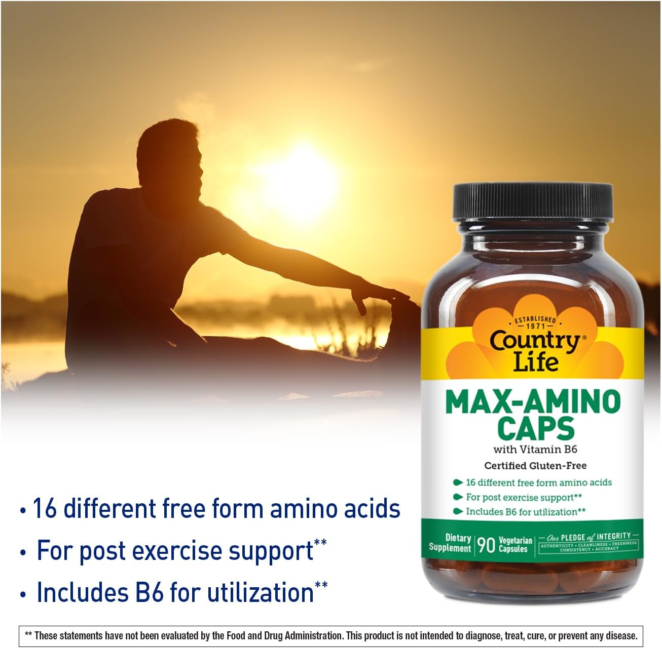 Certified Gluten Free Country Life Maxi-Amino with 16 Free Form Amino Acids - 90 Vegetarian Capsules