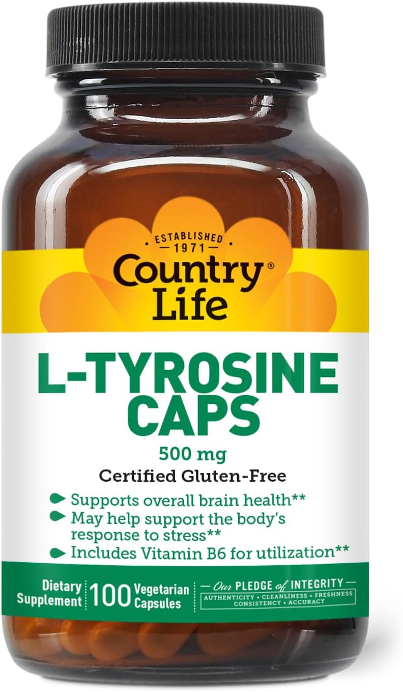 Certified Gluten-Free L-Tyrosine 500mg with Vitamin B6 Supplement - Vegetarian & Kosher - Boost Energy & Focus, Brain Health Support - Non-GMO - 100 Capsules