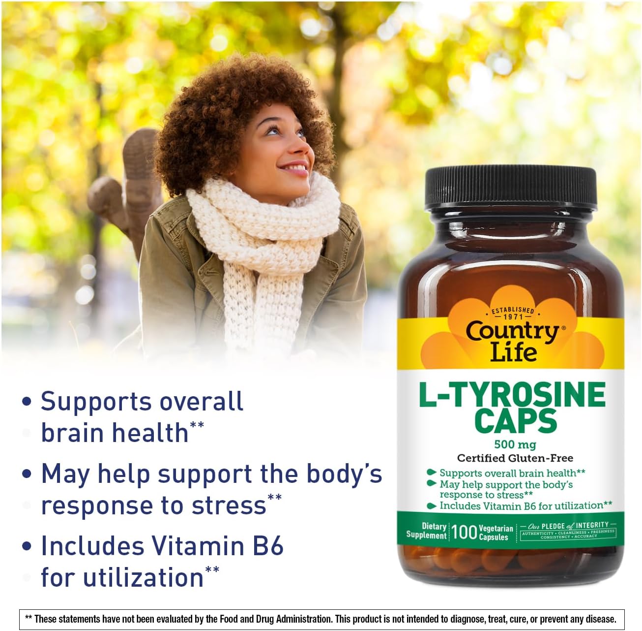 Certified Gluten-Free L-Tyrosine 500mg with Vitamin B6 Supplement - Vegetarian & Kosher - Boost Energy & Focus, Brain Health Support - Non-GMO - 100 Capsules