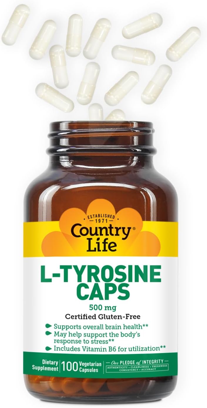 Certified Gluten-Free L-Tyrosine 500mg with Vitamin B6 Supplement - Vegetarian & Kosher - Boost Energy & Focus, Brain Health Support - Non-GMO - 100 Capsules