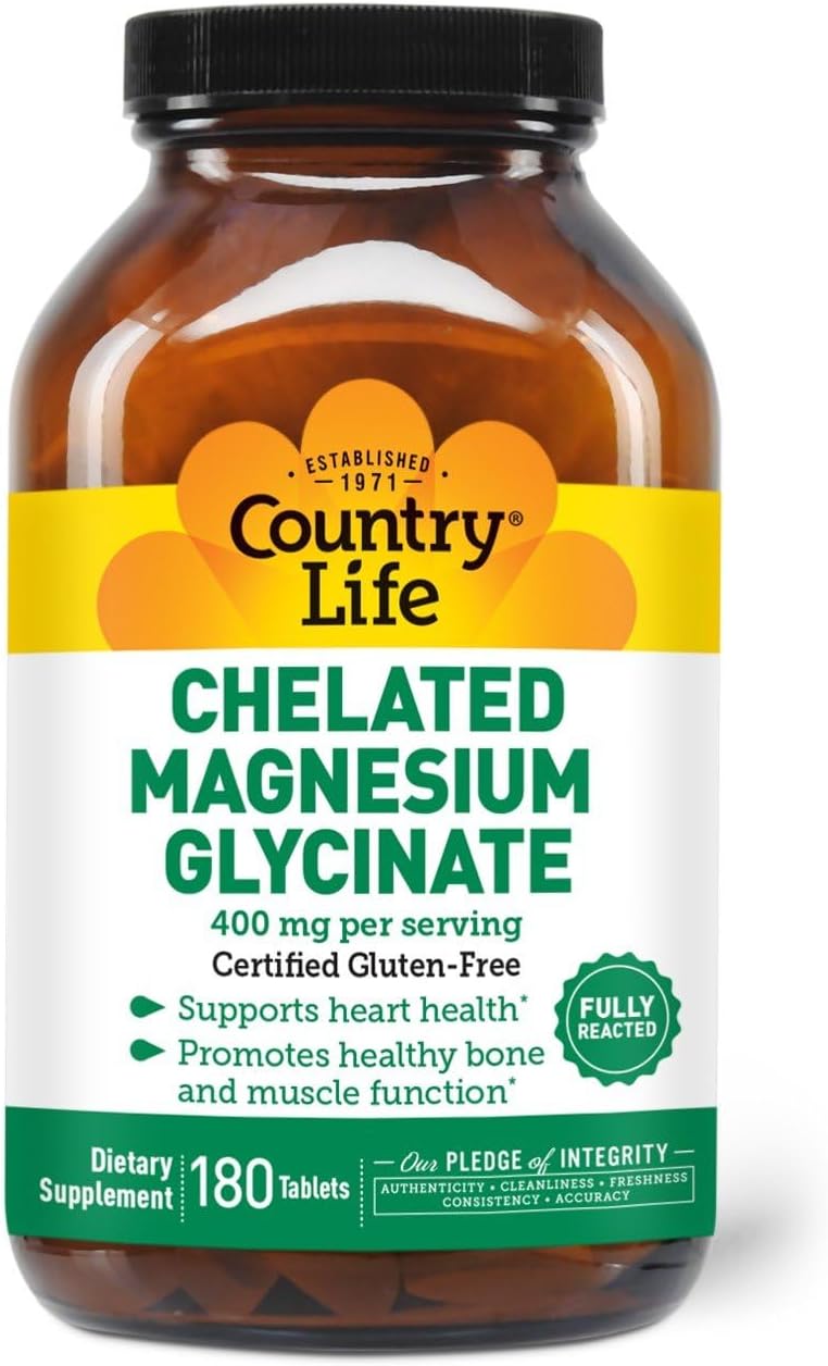 Certified Gluten Free Vegan Halal Chelated Magnesium Glycinate Tablets 400mg, 180 Count