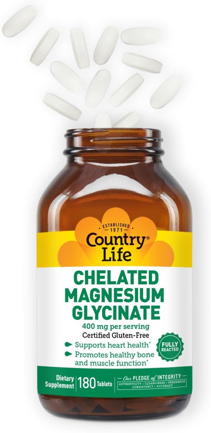 Certified Gluten Free Vegan Halal Chelated Magnesium Glycinate Tablets 400mg, 180 Count