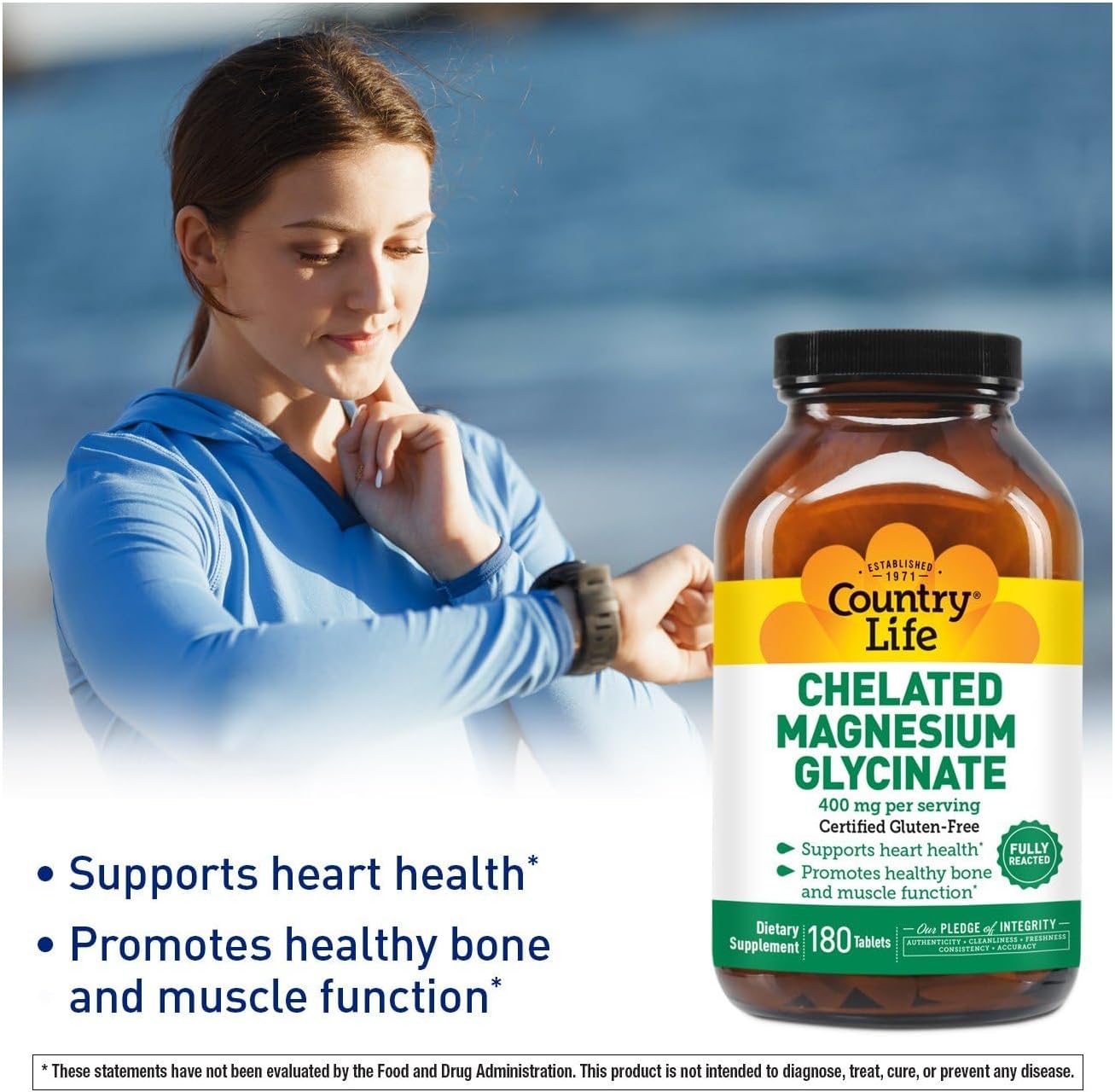 Certified Gluten Free Vegan Halal Chelated Magnesium Glycinate Tablets 400mg, 180 Count