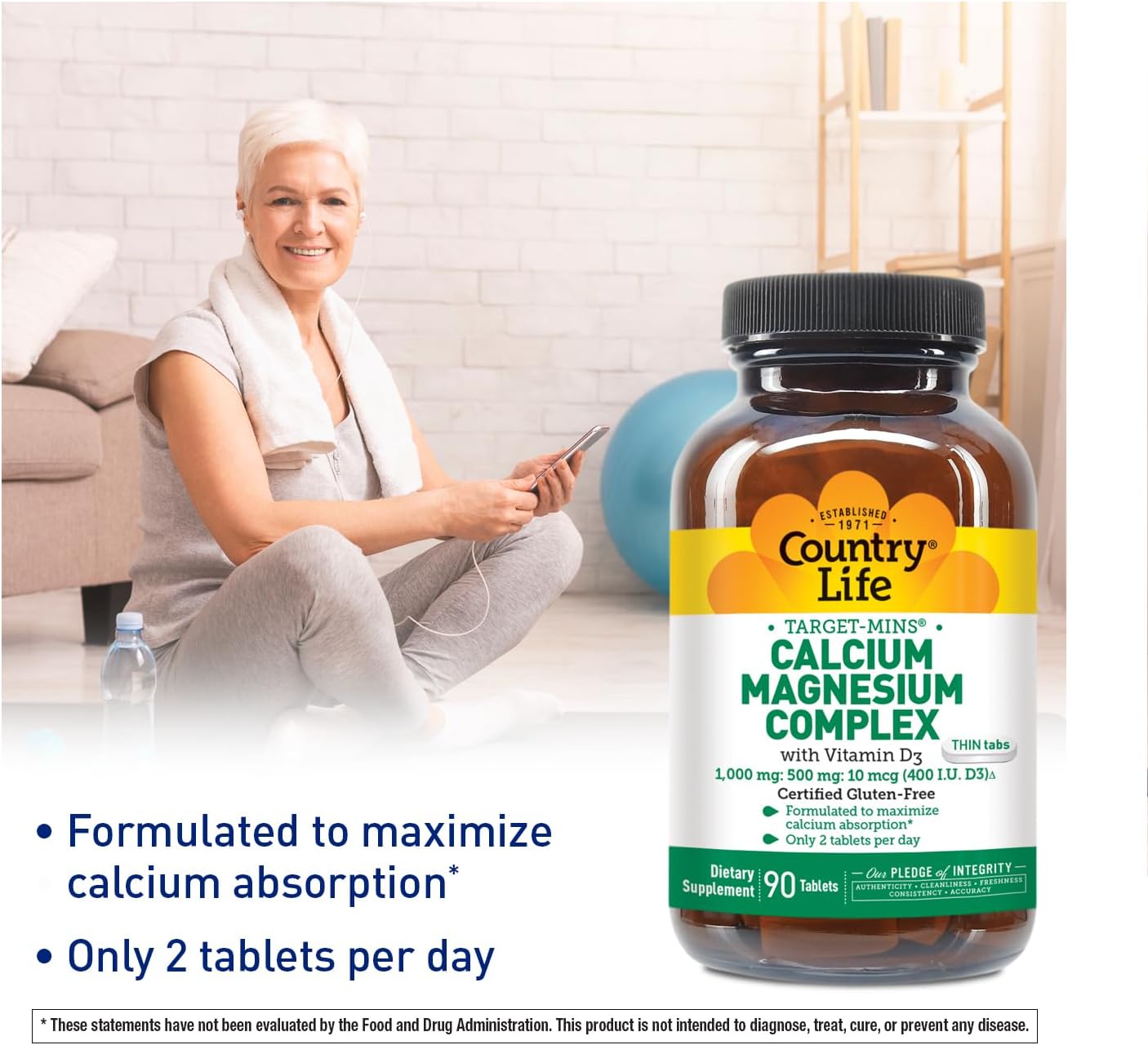 Certified Gluten Free Vegetarian Calcium Magnesium with Vitamin D Complex Tablets, 90 Count