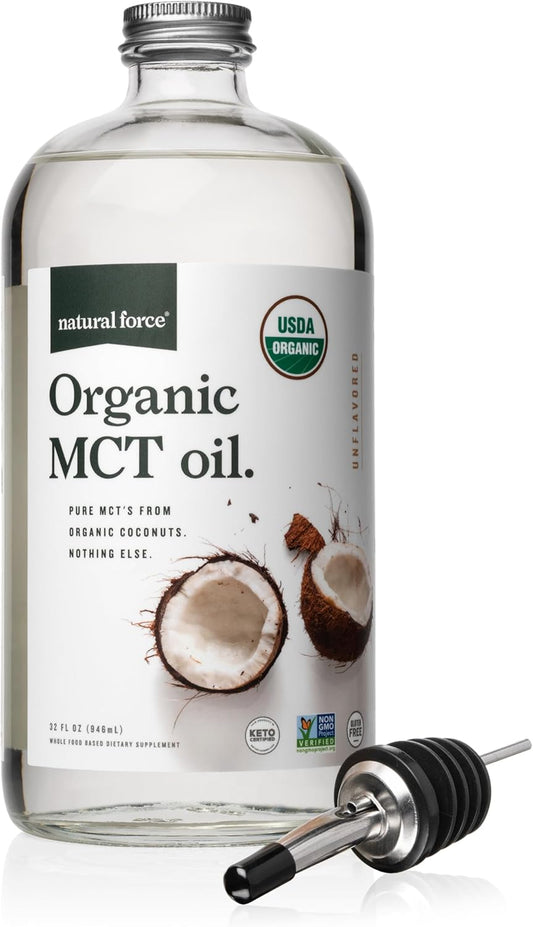 Certified Keto & Paleo Organic MCT Oil in Glass Bottle - 32 oz - Non-GMO, Vegan, Kosher - Cold Pressed Virgin Coconut Oil - Lab Tested Quality