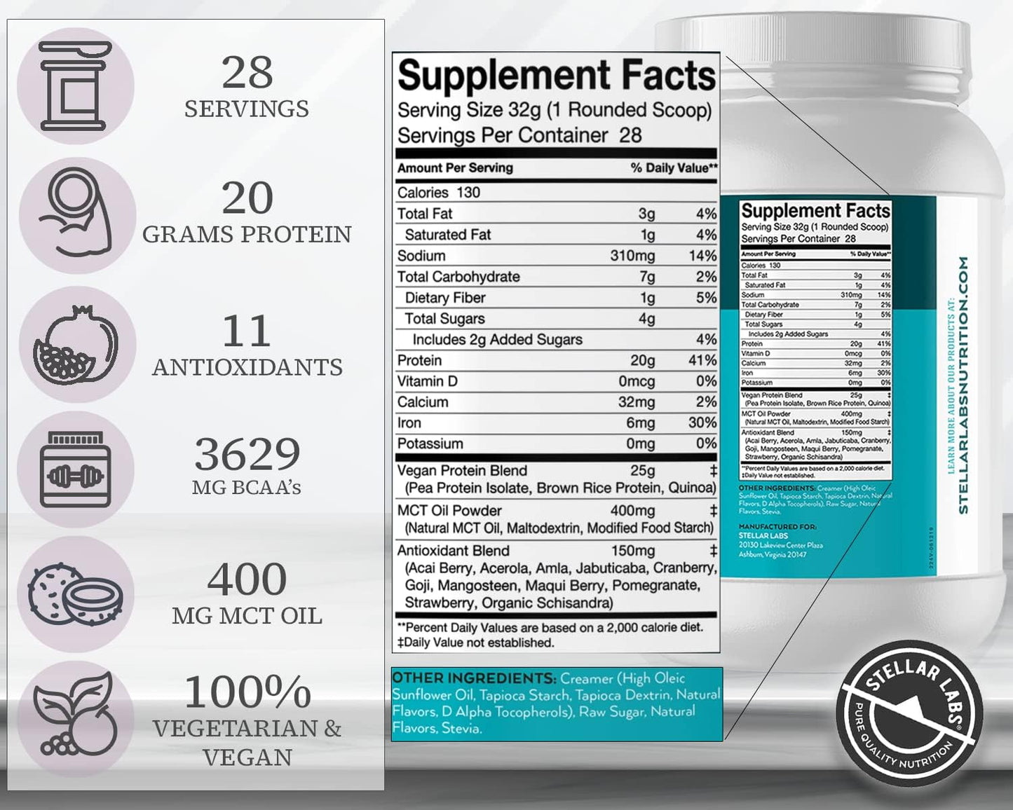 Certified Low FODMAP Vegan Protein Powder with BCAA's, Antioxidants, and Stevia - Gluten Free, Soy Free, Low Carb - Vanilla Flavor