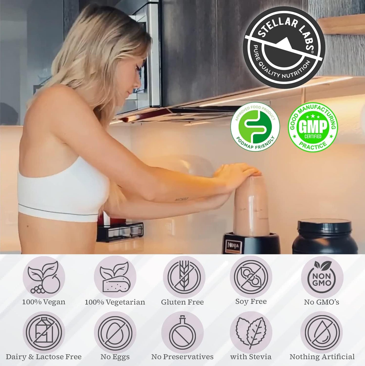 Certified Low FODMAP Vegan Protein Powder with BCAA's, Antioxidants, and Stevia - Gluten Free, Soy Free, Low Carb - Vanilla Flavor