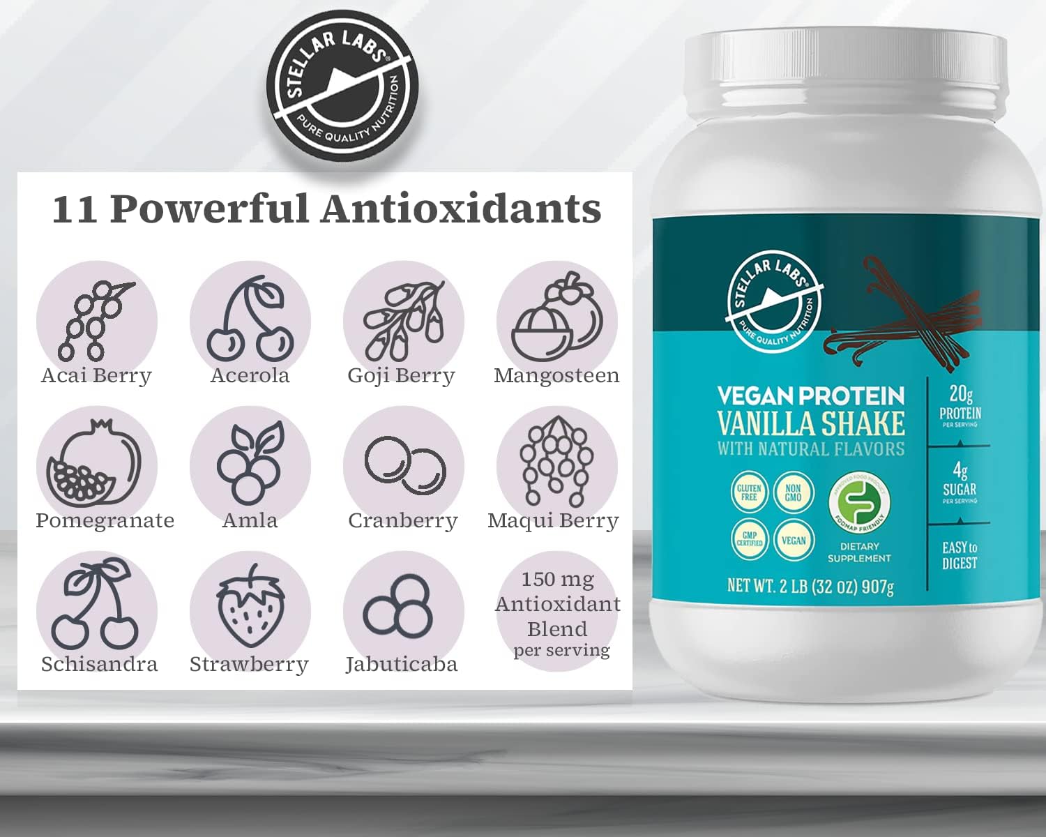 Certified Low FODMAP Vegan Protein Powder with BCAA's, Antioxidants, and Stevia - Gluten Free, Soy Free, Low Carb - Vanilla Flavor