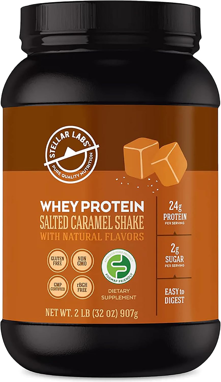 Certified Low FODMAP Whey Protein Powder with BCAA's & Whey Isolate | Gluten Free, Soy Free, Keto | All Natural Salted Caramel Shake