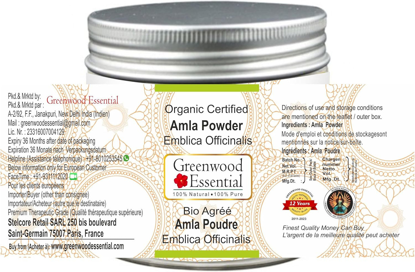 Certified Organic 100% Natural Amla Powder (Indian Gooseberry) 100gm (3.5 oz) - Therapeutic Grade by Greenwood Essential